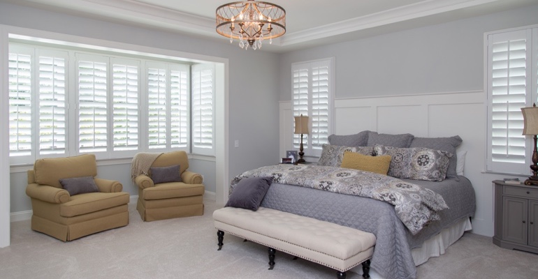 White shutters in Cincinnati bedroom.